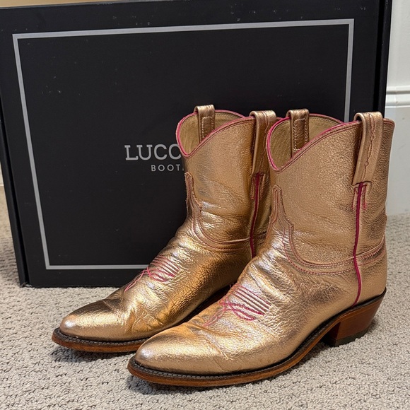 Lucchese Shoes - Lucchese Metallic Rose Gold Boots with Pink Accents